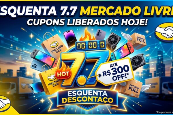 Sacolas de compras com a logo do Mercado Livre ao lado de smartphones e caixas de entrega rápida, destacando a promoção do Esquenta 7.7.