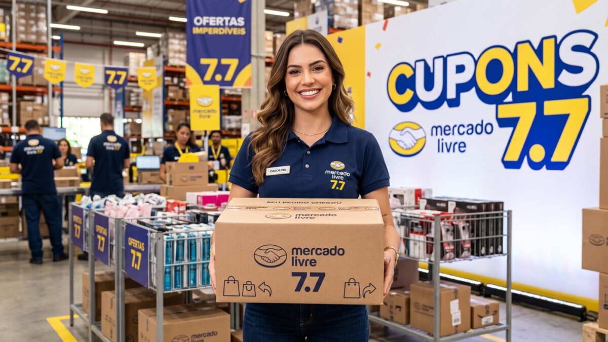 Banner promocional do Mercado Livre 7.7 com destaque para cupons de desconto