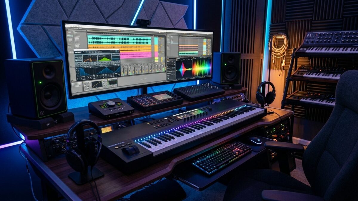Estúdio de produção musical digital com teclado sintetizador MIDI e ondas de áudio iluminadas