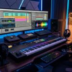 Estúdio de produção musical digital com teclado sintetizador MIDI e ondas de áudio iluminadas