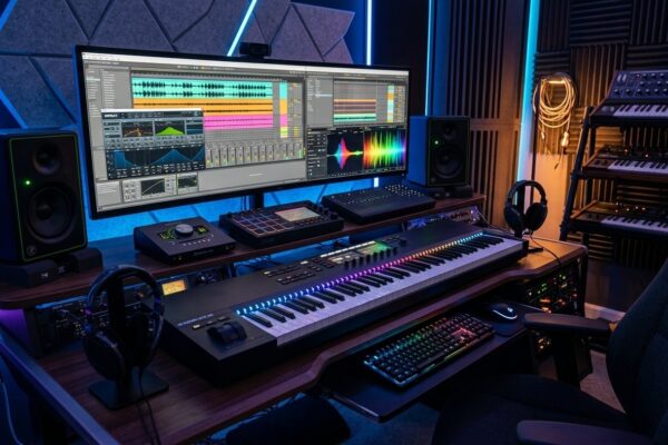Estúdio de produção musical digital com teclado sintetizador MIDI e ondas de áudio iluminadas