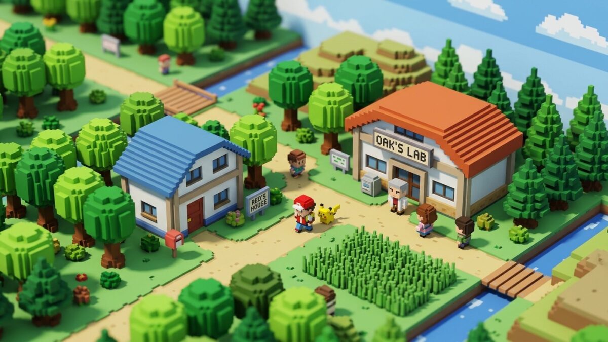 Cenário tridimensional em voxel estilo diorama de mesa do jogo Pokémon Red