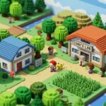 Cenário tridimensional em voxel estilo diorama de mesa do jogo Pokémon Red