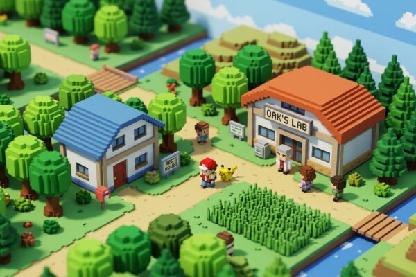 Cenário tridimensional em voxel estilo diorama de mesa do jogo Pokémon Red