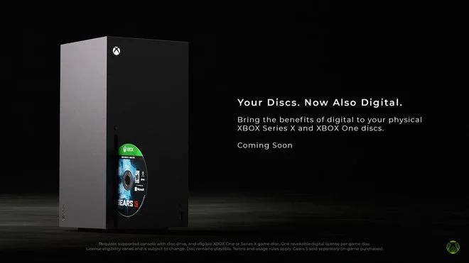 Teaser oficial do Xbox confirmando o recurso Your Discs Now Also Digital para converter jogos físicos em cópias digitais