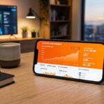 Smartphone em mesa de escritório exibindo aplicativo com painel de renda de afiliados e gráficos de vendas