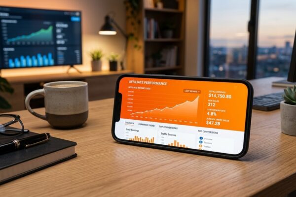 Smartphone em mesa de escritório exibindo aplicativo com painel de renda de afiliados e gráficos de vendas