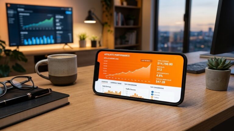 Smartphone em mesa de escritório exibindo aplicativo com painel de renda de afiliados e gráficos de vendas