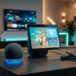 Renderização 3D de dispositivos Echo Dot, Echo Show e Fire TV Stick sobre mesa de centro em sala de estar inteligente com iluminação moderna em tons de azul e ciano
