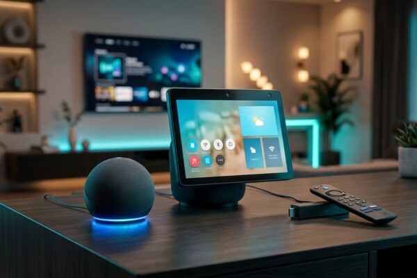 Renderização 3D de dispositivos Echo Dot, Echo Show e Fire TV Stick sobre mesa de centro em sala de estar inteligente com iluminação moderna em tons de azul e ciano