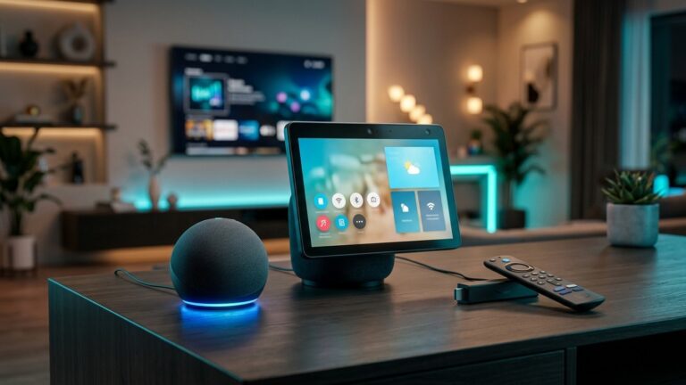 Renderização 3D de dispositivos Echo Dot, Echo Show e Fire TV Stick sobre mesa de centro em sala de estar inteligente com iluminação moderna em tons de azul e ciano
