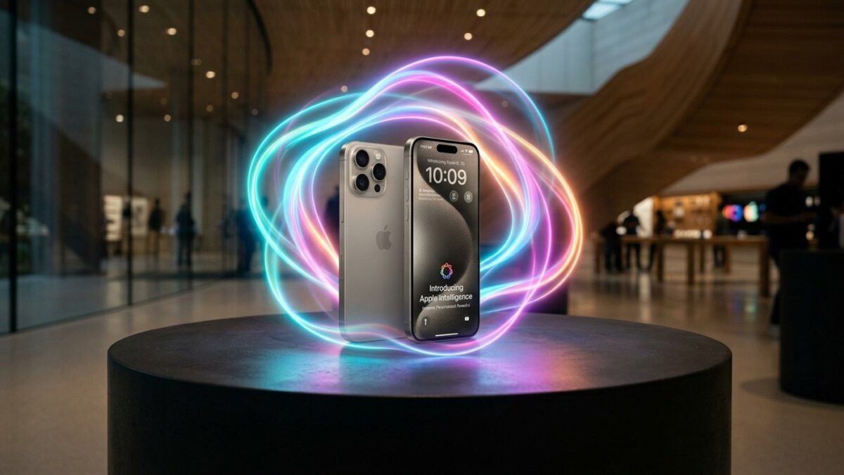 Renderização realista de smartphone de titânio iluminado por aura de neon luminosa de inteligência artificial no Steve Jobs Theater