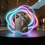 Renderização realista de smartphone de titânio iluminado por aura de neon luminosa de inteligência artificial no Steve Jobs Theater