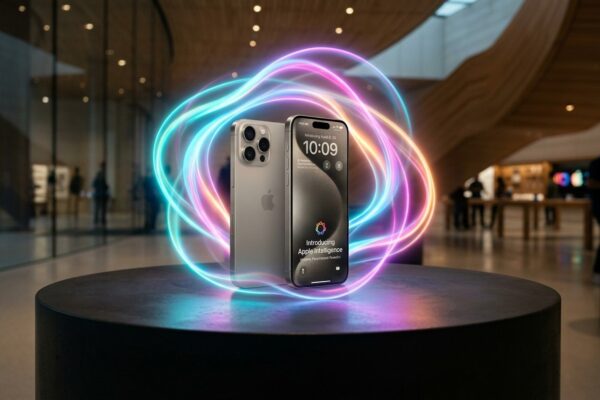 Renderização realista de smartphone de titânio iluminado por aura de neon luminosa de inteligência artificial no Steve Jobs Theater