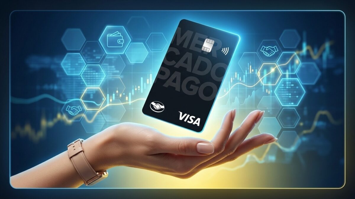 Mão segurando um cartão de crédito preto do Mercado Pago sobre fundo decorativo