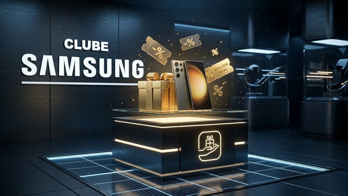 Renderização 3D com a marca Clube Samsung iluminada em showroom tecnológico moderno com smartphone Galaxy e caixa de presente dourada
