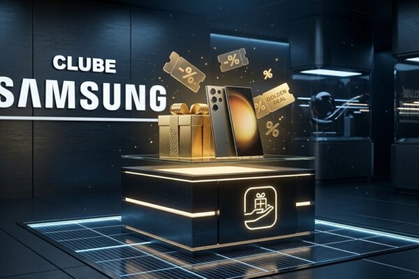 Renderização 3D com a marca Clube Samsung iluminada em showroom tecnológico moderno com smartphone Galaxy e caixa de presente dourada
