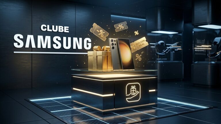 Renderização 3D com a marca Clube Samsung iluminada em showroom tecnológico moderno com smartphone Galaxy e caixa de presente dourada