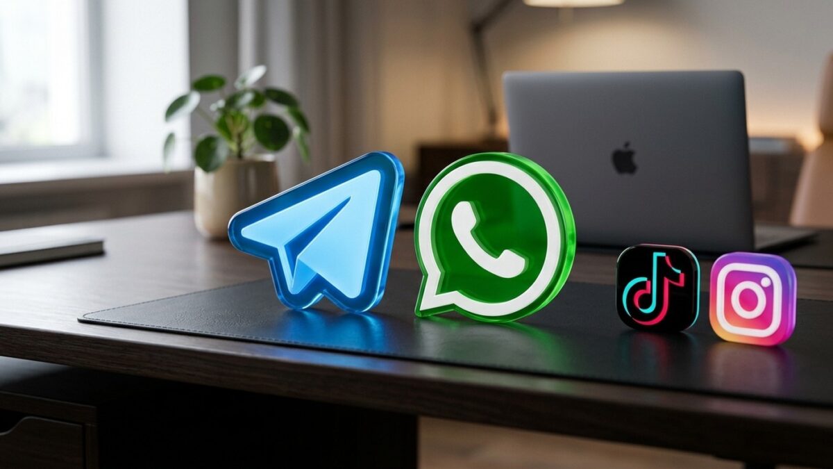 Renderização realista com logos em 3D de Telegram, WhatsApp, TikTok e Instagram sobre mesa de trabalho moderna de criador de conteúdo