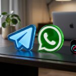 Renderização realista com logos em 3D de Telegram, WhatsApp, TikTok e Instagram sobre mesa de trabalho moderna de criador de conteúdo