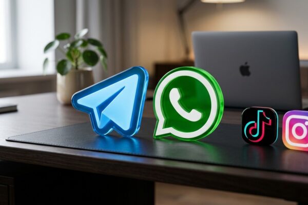 Renderização realista com logos em 3D de Telegram, WhatsApp, TikTok e Instagram sobre mesa de trabalho moderna de criador de conteúdo