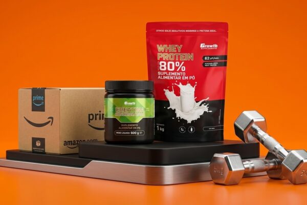 Embalagens de Whey Protein 80% e Creatina da Growth Supplements sobre suporte com caixa de entrega Amazon Prime e halteres em estúdio laranja