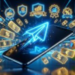 Renderização 3D de smartphone com símbolo luminoso do Telegram cercado por vouchers dourados de cupons de desconto, pacotes de compras e selos de economia
