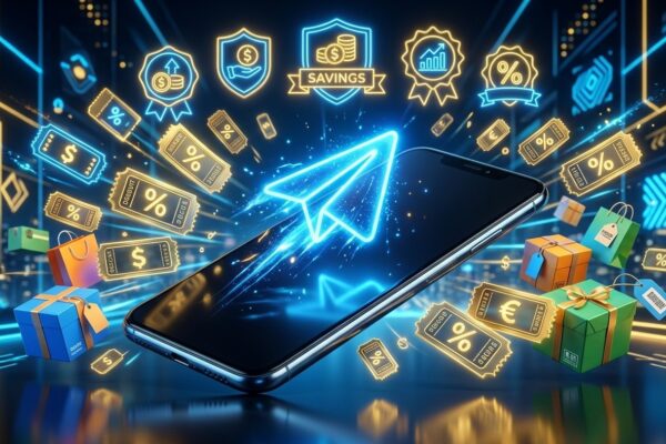Renderização 3D de smartphone com símbolo luminoso do Telegram cercado por vouchers dourados de cupons de desconto, pacotes de compras e selos de economia