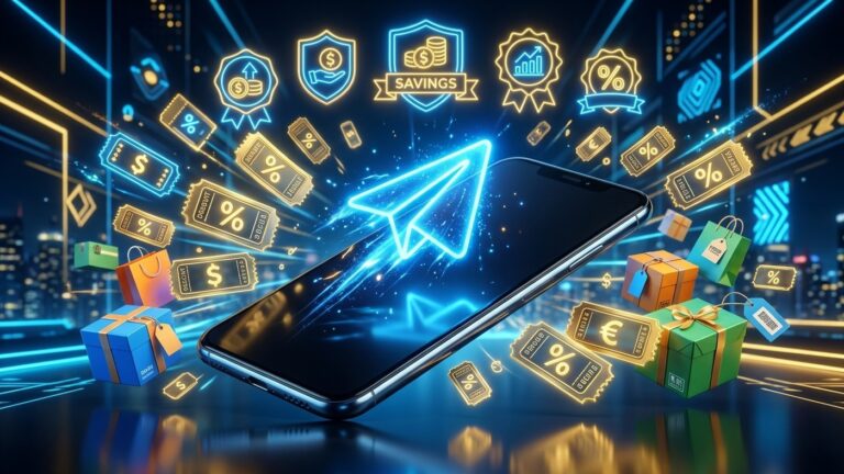 Renderização 3D de smartphone com símbolo luminoso do Telegram cercado por vouchers dourados de cupons de desconto, pacotes de compras e selos de economia