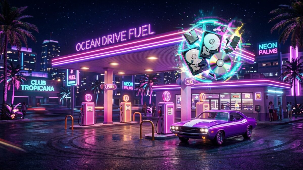 Renderização 3D de um posto de gasolina retro neon no estilo Vice City com um carro potente e discos de mídia física holográficos em protesto