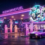 Renderização 3D de um posto de gasolina retro neon no estilo Vice City com um carro potente e discos de mídia física holográficos em protesto