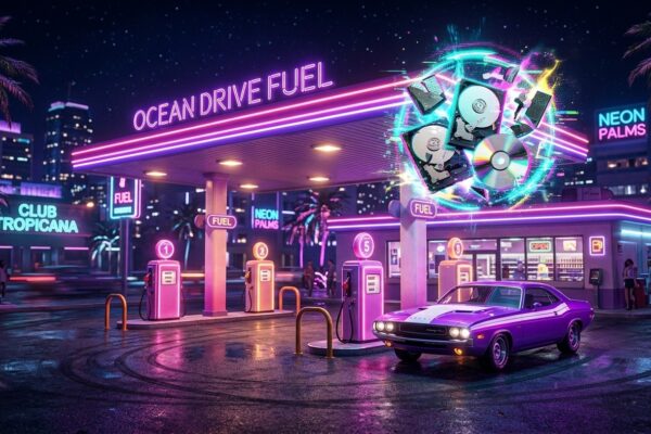Renderização 3D de um posto de gasolina retro neon no estilo Vice City com um carro potente e discos de mídia física holográficos em protesto