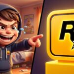 Ilustração 3D em estilo desenho animado de um garotinho apontando o dedo e rindo com deboche do logotipo da Rockstar Games
