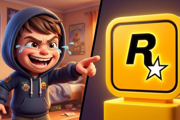 Ilustração 3D em estilo desenho animado de um garotinho apontando o dedo e rindo com deboche do logotipo da Rockstar Games