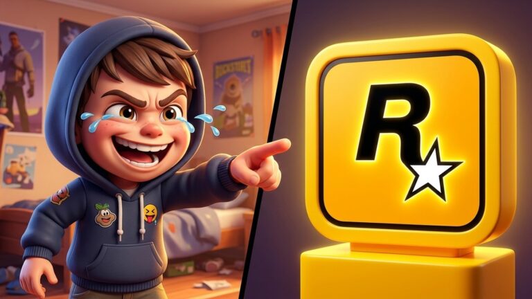 Ilustração 3D em estilo desenho animado de um garotinho apontando o dedo e rindo com deboche do logotipo da Rockstar Games