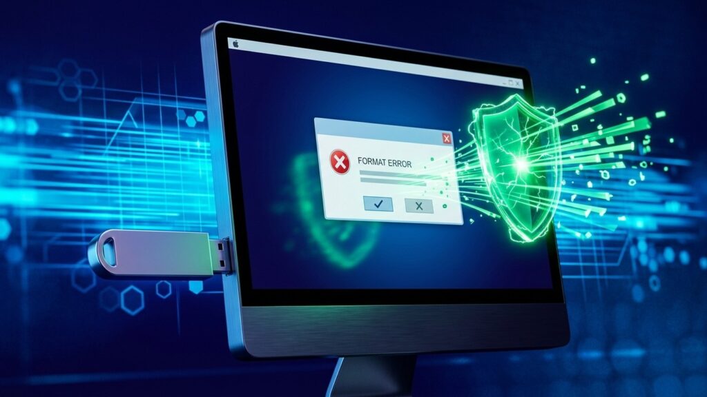 Renderização 3D de um pendrive metálico conectado a uma tela exibindo erro de formatação resolvido com um escudo verde