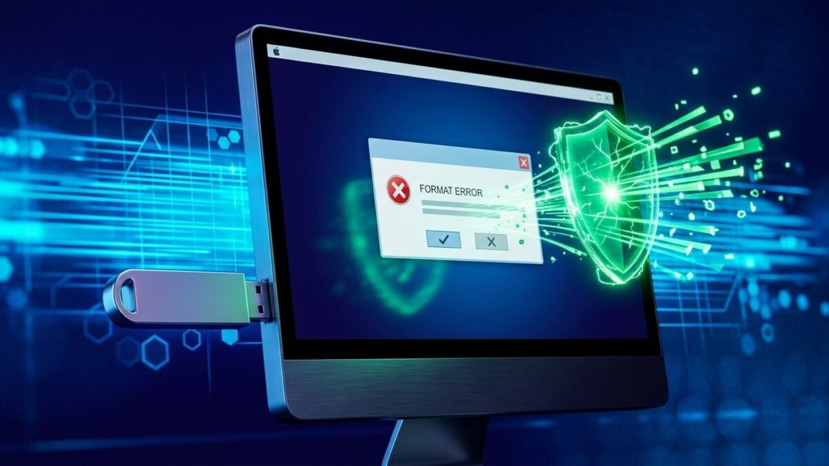 Renderização 3D de um pendrive metálico conectado a uma tela exibindo erro de formatação resolvido com um escudo verde