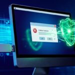 Renderização 3D de um pendrive metálico conectado a uma tela exibindo erro de formatação resolvido com um escudo verde