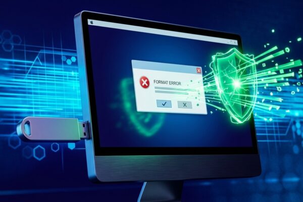 Renderização 3D de um pendrive metálico conectado a uma tela exibindo erro de formatação resolvido com um escudo verde