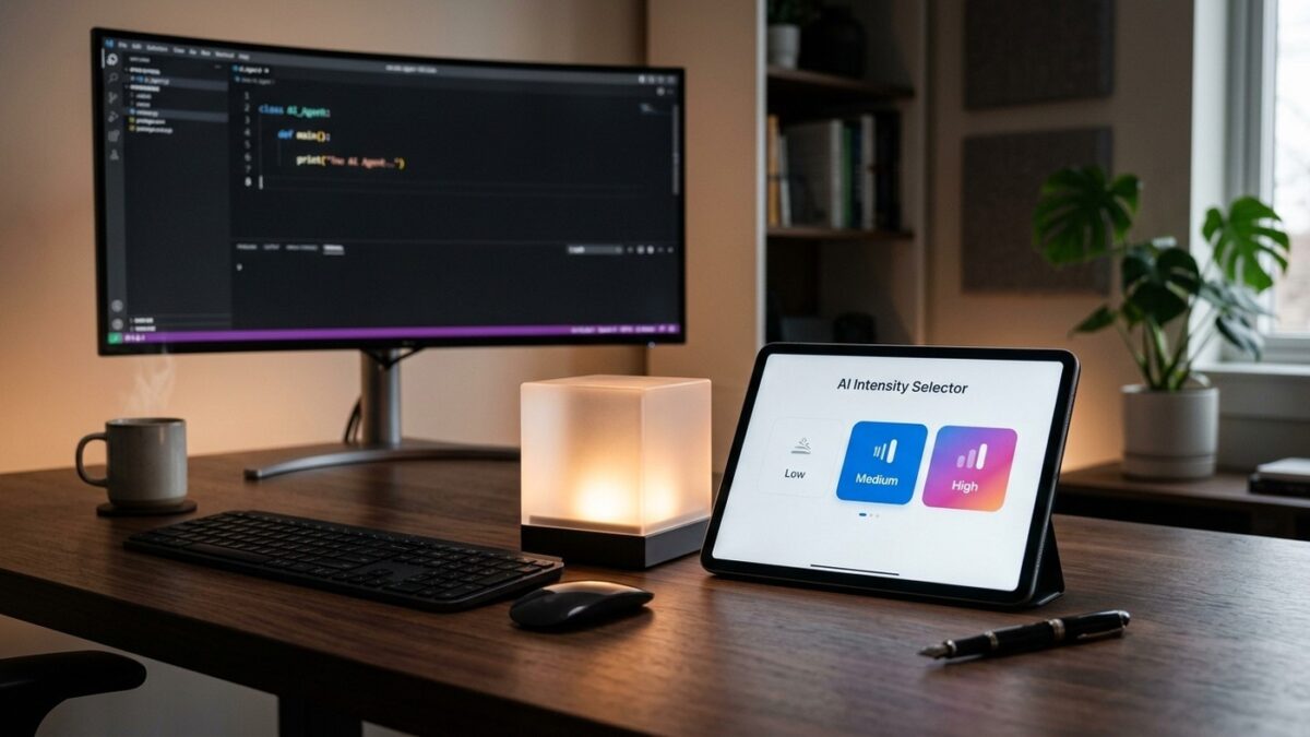 Fotografia realista de mesa de desenvolvedor com tablet exibindo interface seletora dos níveis Low, Medium e High ao lado de monitor e iluminação acolhedora