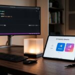 Fotografia realista de mesa de desenvolvedor com tablet exibindo interface seletora dos níveis Low, Medium e High ao lado de monitor e iluminação acolhedora
