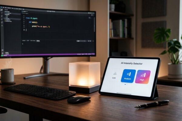 Fotografia realista de mesa de desenvolvedor com tablet exibindo interface seletora dos níveis Low, Medium e High ao lado de monitor e iluminação acolhedora