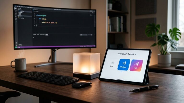 Fotografia realista de mesa de desenvolvedor com tablet exibindo interface seletora dos níveis Low, Medium e High ao lado de monitor e iluminação acolhedora