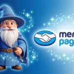 Ilustração 3D do personagem Mago com vestes azuis e cajado mágico ao lado da logo oficial do Mercado Pago