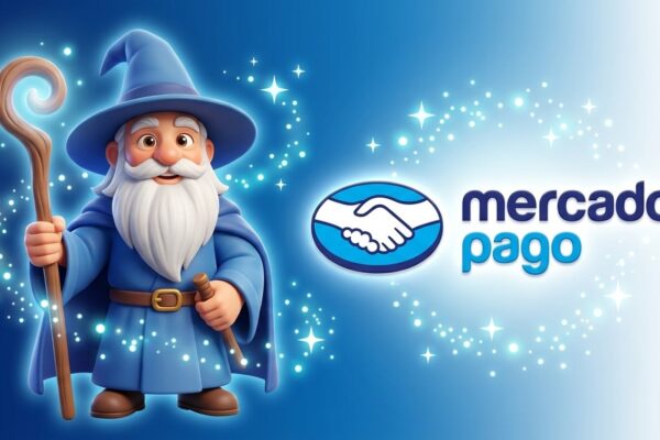 Ilustração 3D do personagem Mago com vestes azuis e cajado mágico ao lado da logo oficial do Mercado Pago