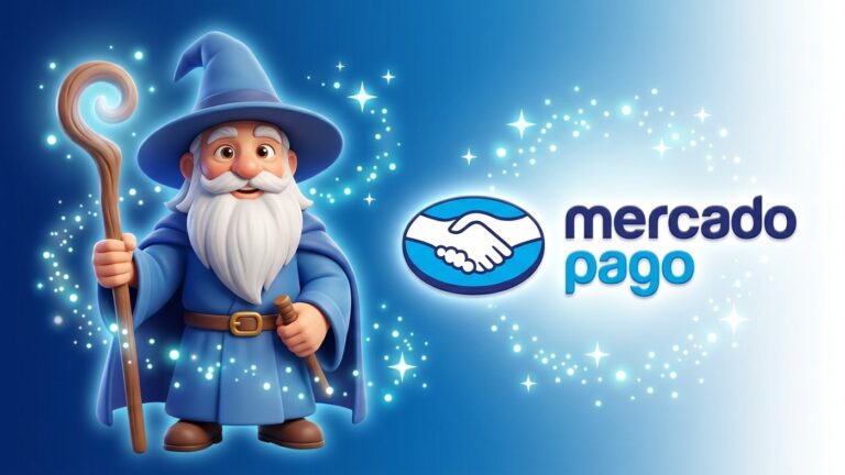 Ilustração 3D do personagem Mago com vestes azuis e cajado mágico ao lado da logo oficial do Mercado Pago