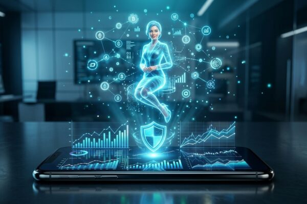 Renderização 3D de um assistente holográfico de inteligência artificial sobre um smartphone exibindo gráficos financeiros do Mercado Pago
