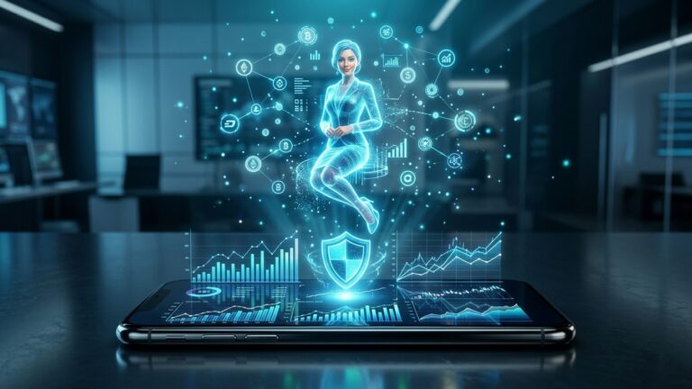 Renderização 3D de um assistente holográfico de inteligência artificial sobre um smartphone exibindo gráficos financeiros do Mercado Pago