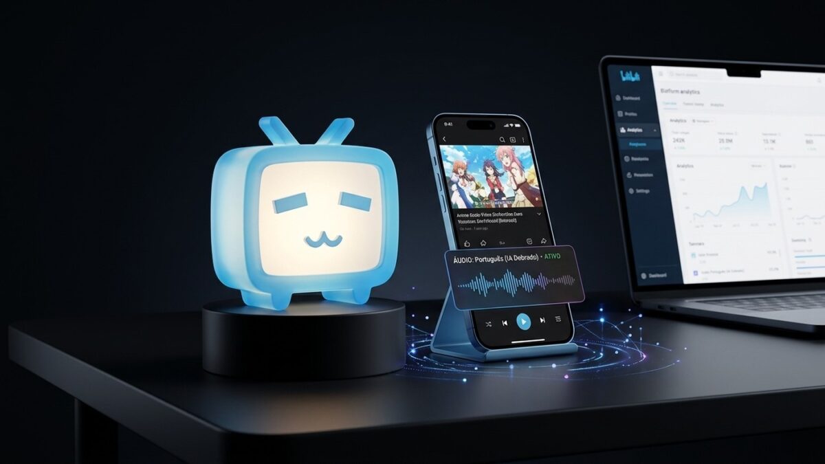 Mascote 3D luminoso da TV azul do Bilibili ao lado de smartphone exibindo aplicativo de streaming com dublagem por inteligência artificial em português