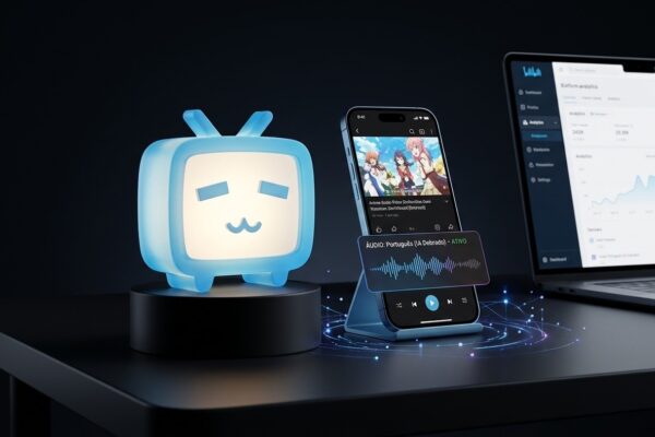 Mascote 3D luminoso da TV azul do Bilibili ao lado de smartphone exibindo aplicativo de streaming com dublagem por inteligência artificial em português